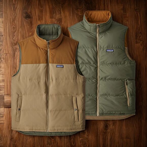 Patagonia Bivy Down Reversible Vest Mojave Khaki Mens M 600-Fill Recycled Down